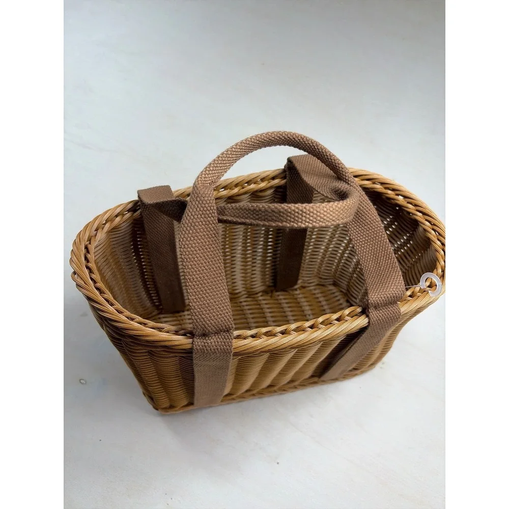 Woven Wicker Market Basket Tote Brown Plastic Rattan Picnic Bag with Handles